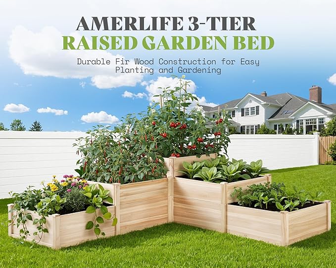 SPECRAFT Raised Garden Bed 3-Tier Outdoor Planter Box, Fir Wood with Dividers, Shape Adjustable, Tool-Free Assembly, Ideal for Growing Vegetables, Herbs & Flowers