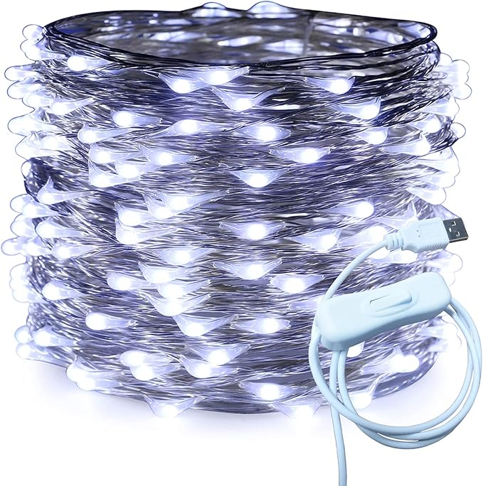 RUICHEN Silver Wire 66 Ft 200 LED USB Fairy String Lights with On/Off Switch (Cool White)