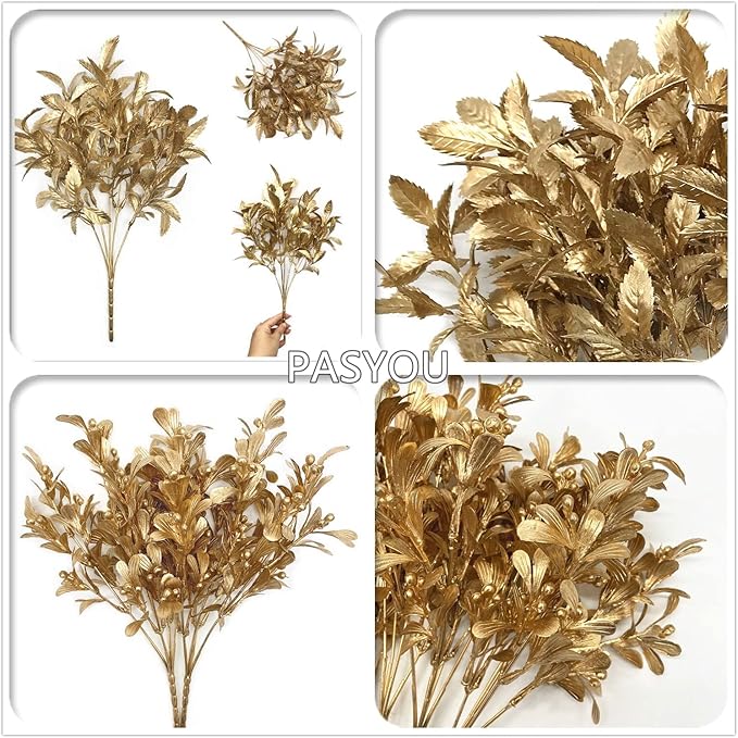 Fake Plants Golden Bouquet Christmas Ornaments, PASYOU Artificial Flowers Plastic Shrubs Grass Leaves Indoor Outdoor Home Garden Party Hotel Wedding Event Decorations Faux DIY Table Decor, Gold 4 Pack