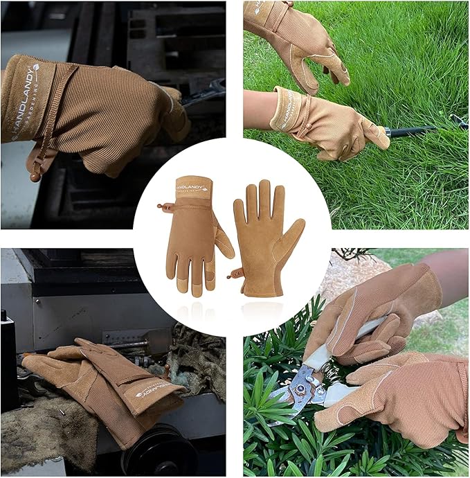 HANDLANDY Work Gloves for Women, Breathable Leather Gardening Glove for Yard Maintenance, Hand Protection with Touch Screen for Gardeners, Farmers