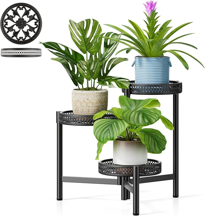 NQW Metal Plant Stand Indoor Outdoor, 3 Tier Corner Tall Plant Shelf for Multiple Plants, Tiered Plant Stand, Heavy Duty Flower Plant Holder, Folding Tall Rack for Garden Patio Lawn Balcony - BlackWave