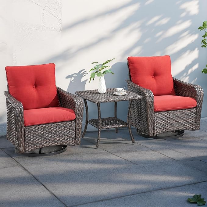 Rilyson Outdoor Patio Swivel Rocker Chairs - 3 PC Wicker Patio Bistro Sets with High Back,Thick Comfy Cushions, Deep Seating and Side Table for Porch Deck Backyard Garden(Brown/Red)