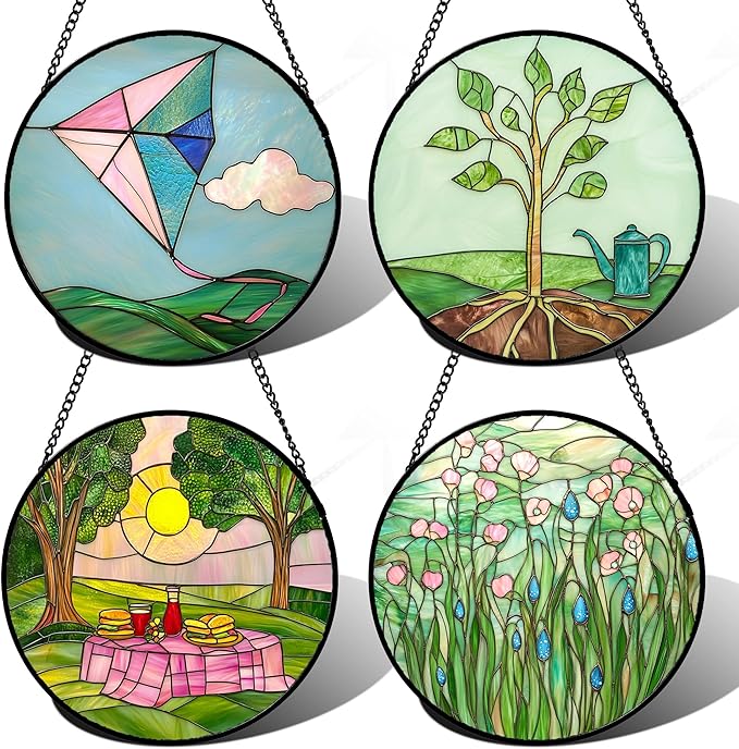 Stained Glass Window Hanging 4 Pcs Set Pink Green Spring Saplings Flowers 9.8" - Suncatcher Door Garden Sun Catcher Home Decor Mother's Day for Woman Nana Mom Men