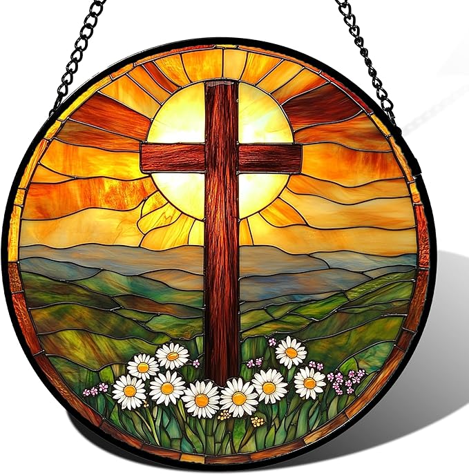 JOSUMALY Christian Gifts for Women - Cross Stained Glass Window Hanging Easter Daisy Natural Landscape Sun Catcher Garden Religion Decor Mother's Day Catholic Gift for Men Grandma Mom Her Nana 6.3"