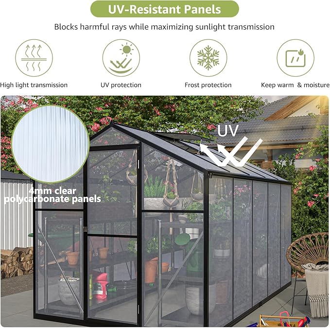 6x10 Ft Greenhouses for Outdoors, UV-Coated Polycarbonate Panels and Aluminium Green Houses for Outside, 2 Roof Vents, Invernaderos para Plantas Exterior, Walk-in Greenhouse Kit for Backyard, Lawn