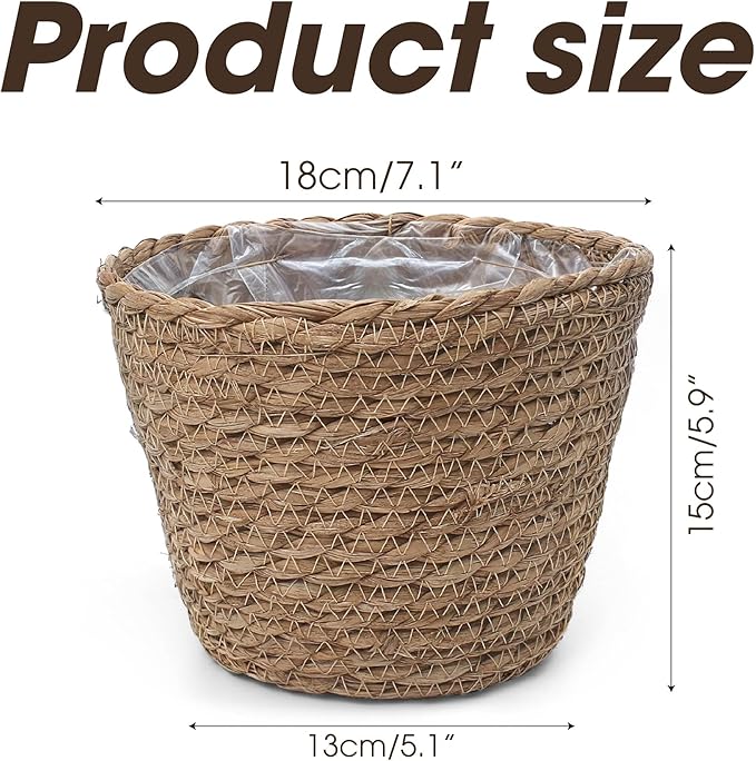 Small Basket Planter 7.1" x 5.9" Seagrass Containers, Hand Woven Wicker Cover Storage, Stylish Plastic Liners Straw Flower Jute Pots for Outdoor Indoor Use Mums Front Porch Room Decoration