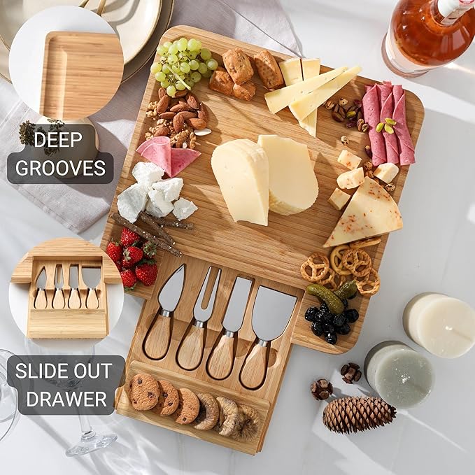 Personalized Charcuterie Board Set, Custom Engraved Bamboo Cheese Board, Christmas, Wedding and Housewarming Gift for Couples, Anniversary and Bridal Shower (1 DRAWER)