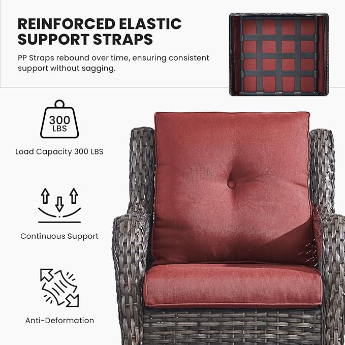 Belord Outdoor Furniture Set Patio Wicker Chairs, 3 Peices Porch Rattan Furniture with Side Table, Deep Seating Patio Bistro Chair Sets (Red Cushion)