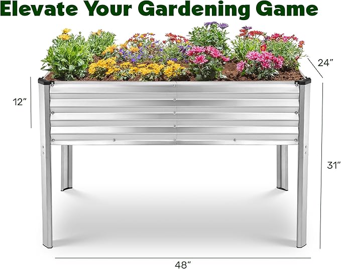 Galvanized Raised Garden Beds Outdoor with Legs // 48×24×31in Elevated Planter Box for Vegetables, Flowers (Silver) // Large Metal Garden Bed for Backyard Patio Gardening