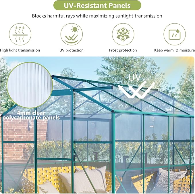 6x8 Ft Greenhouses for Outdoors, UV-Coated Polycarbonate Panels and Aluminium Green Houses for Outside, Outdoor Greenhouse with Roof Vent, Invernaderos para Plantas Exterior, Walk-in Greenhouse Kit