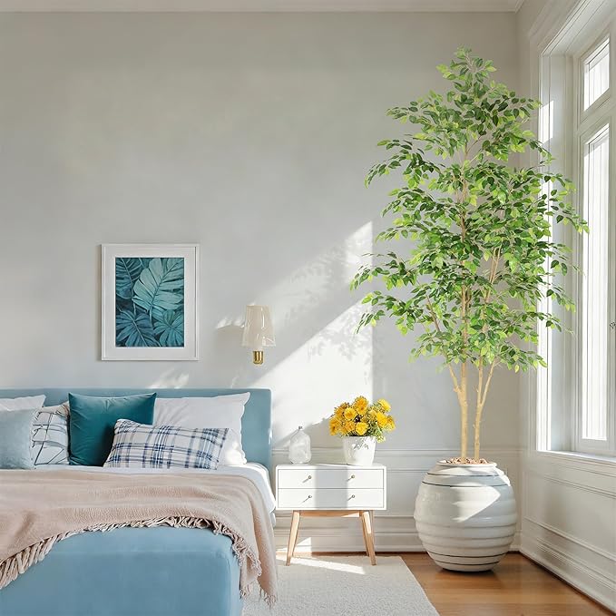 Tall UV Resistant Ficus Tree Artificial，8ft(96in) Realistic Texture Potted Faux Ficus Tree， Fake Trees Indoor Outdoor for Home Office Living Room Bedroom Foyer Porch Decor.