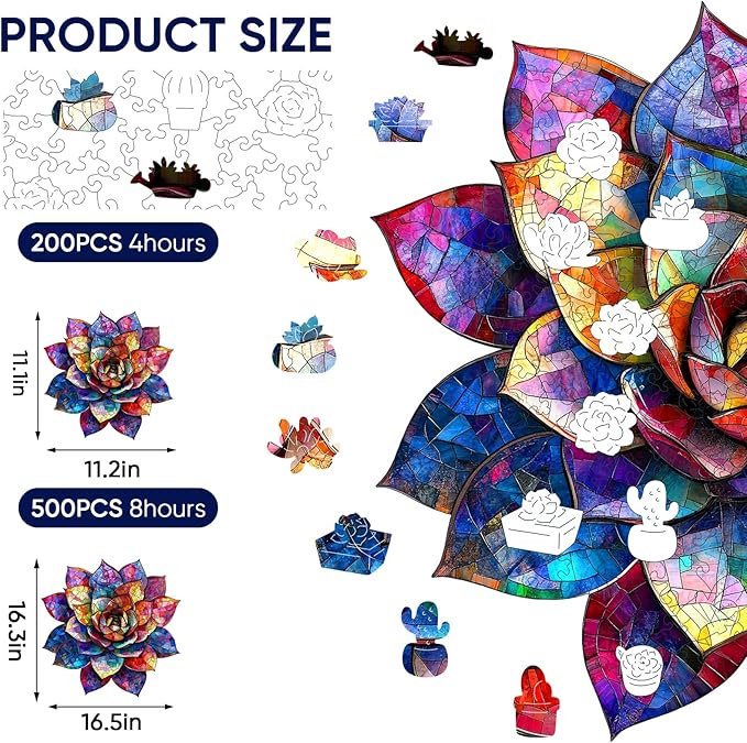 Delobil Wooden Puzzles for Adults, Stained Glass Succulent 200 Pieces Jigsaw Puzzles, Unique Shaped Plant Puzzle Gift for Kids, Family Puzzle Game, 11.2 x 11.1 Inches