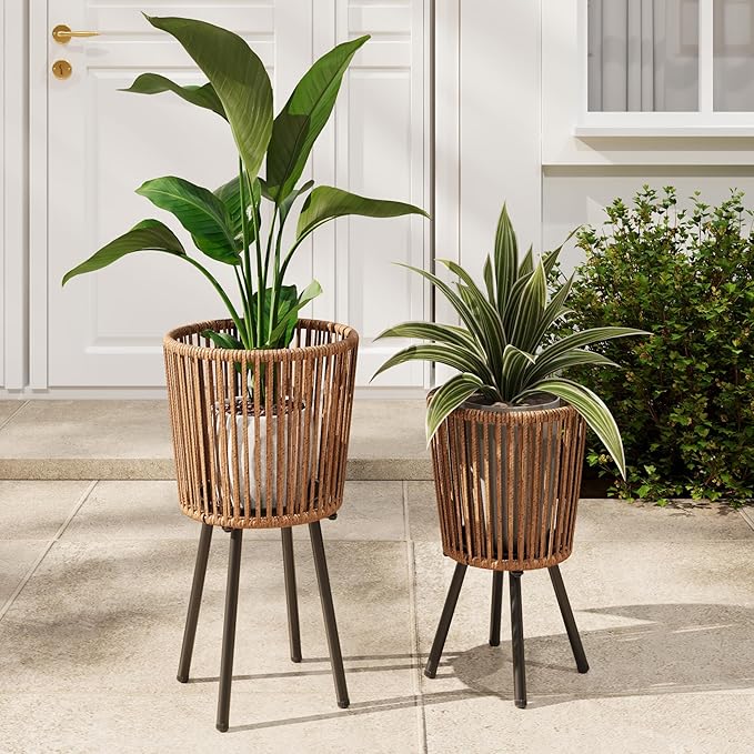 Set of 2 Rattan Plant Stand, Boho Wicker Planter Stand, Handwoven Mid Century Plant Holder for Living Room, Bedroom, Patio
