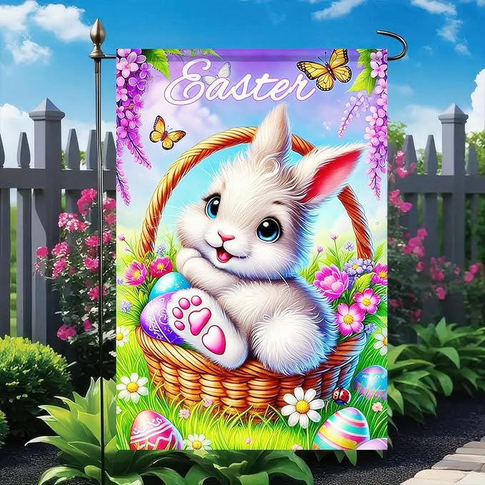 Happy Easter Bunny Garden Flag Double Sided 12 x 18 Inch Easter Egg Rabbit Easter Garden Flag Yard Flag Outdoor Flag Seasonal Decors for Spring Farmhouse Holiday Outside Decorative Banner