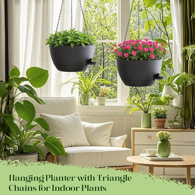 zople 10 Inch Hanging Planters with Chains 2 Pack Self Watering Black Plastic Hanging Pots for Indoor Outdoor Plants, Garden Porch Home Decor (Black)