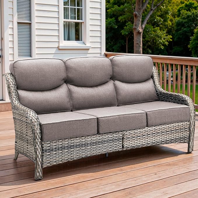 71'' Patio Couch Outdoor Wicker Sofa, Heavy Duty All-Weather Rattan 3-Seater Sofa with Deep Seating and Removable Cover, Outdoor Patio Furniture for Deck Porch Sunroom Backyard Grey