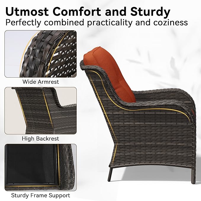 Patio Chairs Set of 2, Outdoor Wicker Patio Furniture Set with Thickened Olefin Cushions, High Back and Deep Seating, Wide Curved Armrest Hand-Woven PE Rattan for Porch, Deck, Orange