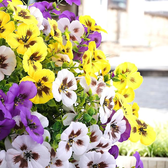 Rowfad 36 Pcs Artificial Fake Pansy Flowers for Outdoor, Faux Silk Pansies Spring Flowers for Outside for Planter Front Door Porch Yard Patio Window Box Home Decor (36, Purple, Yellow, White)