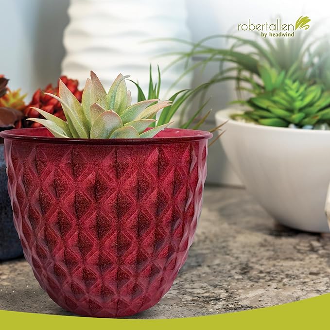 Headwind Glazed Ironstone Diamonte Collection – Crimson Red 10-Inch Decorative Plant Pot, Indoor & Outdoor, Vintage Diamond-Textured, Lightweight & Weather-Resistant for Garden Use by Robert Allen