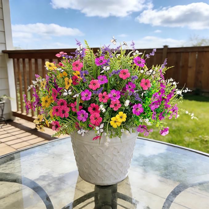 Artificial Fake Flowers for Outdoor Porch Planters Boxes Decoration,12 Bundles Outdoor Faux Fern Plants with Butterfly,UV Resistant Greenery Yard Patio Garden Decor