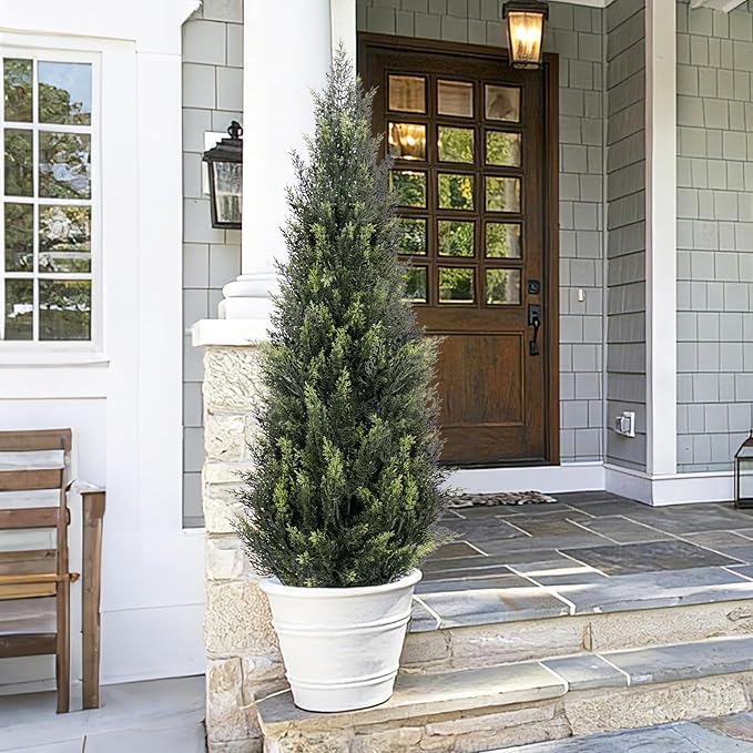 ZEEOZE 3FT Artificial Cedar Topiary Trees (2 Pack) - UV Resistant Faux Evergreen Shrubs Extra Dense Foliage Realistic Fake Pine Cypress Plants Easy Assembly for Front Porch Garden Indoor Office Decor