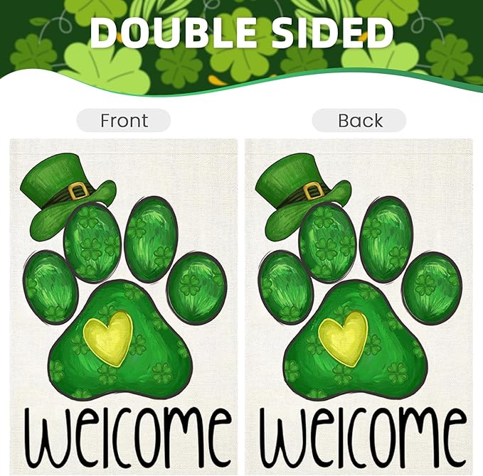 Welcome St Patricks Day House Flags for Outdoor Decoration, Dog Paw with Green Hat Lucky Shamrocks Large Yard Flag, Decorative Irish Celebration Decor for Seasonal Farmhouse Holiday Outside