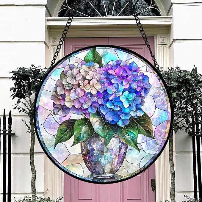 HWRHTR Stained Glass Window Hanging, Blue Purple Hydrangea Flowerpot Suncatcher for Doors Home Sun Catchers Decoration and Christmas, Mother's Day Birthday Gifts for Women, Men, and Mom 9.8 in