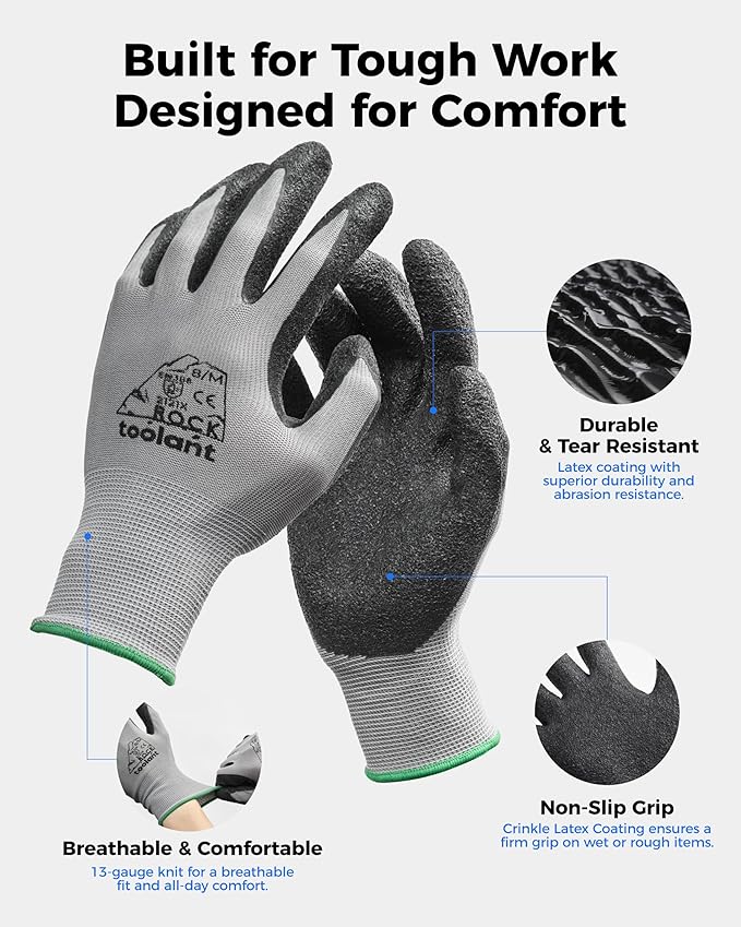 toolant Crinkle Latex Work Gloves Bulk, Rubber Coated Safety Work Gloves for Men and Women, 60 Pairs for Construction, Gardening, Warehouse (Black, XL)