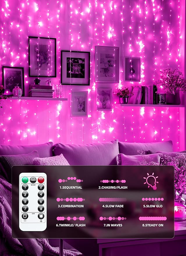Brightown 300 LED Pink Fairy Curtain Lights, 9.8ft x 9.8ft String Lights, USB Plug in 8 Lighting Modes Christmas String Hanging Lights with Remote for Bedroom Indoor Outdoor Party Xmas Pink 1 Pack