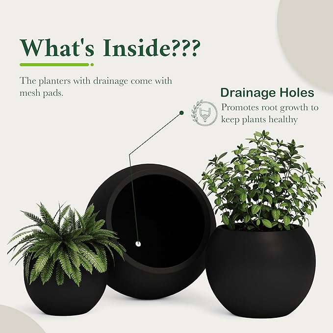 DTY Signature Mount Sherman 12.6''D x 9.8''H Modern Indoor Outdoor Fiberstone Sphere Planter, Durable Round Garden Pot, Weather Resistant, Drainage Hole & Rubber Plug - Small, Black