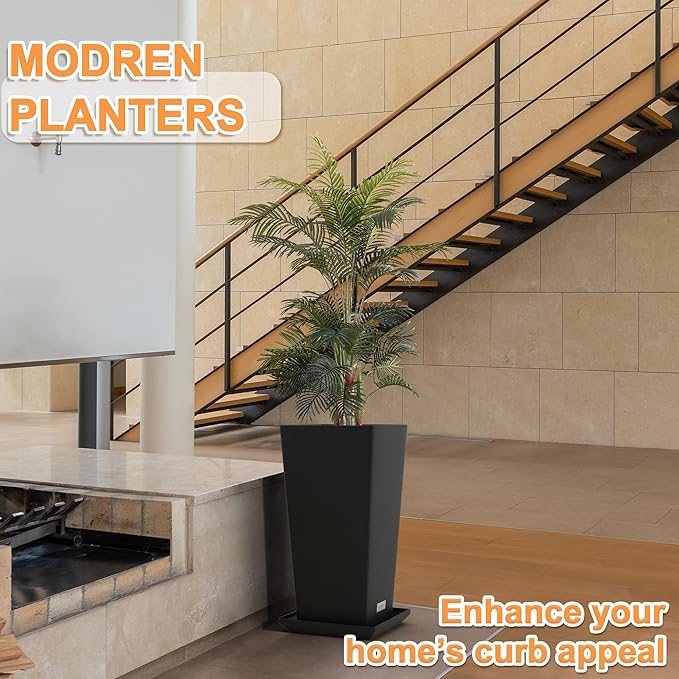 Elevens Outdoor Planter Larger Flower Pots Indoor Taper Garden V-Shape Tall Planters 24 inches Garden Pots Planter - Black（2 Packs）
