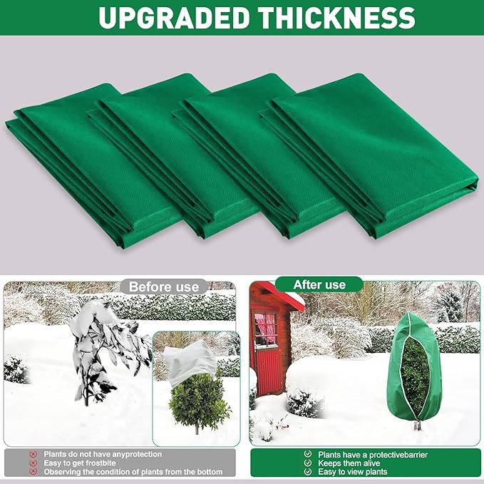 4 Pack Winter Plant Covers Freeze Protection, 47 "x 31" Thickened Frost Blankets for Outdoor Plants, Fruit Trees, Shrubs & Potted Plants | Reusable Cloth Plant Covers Jacket with Drawstring-Green