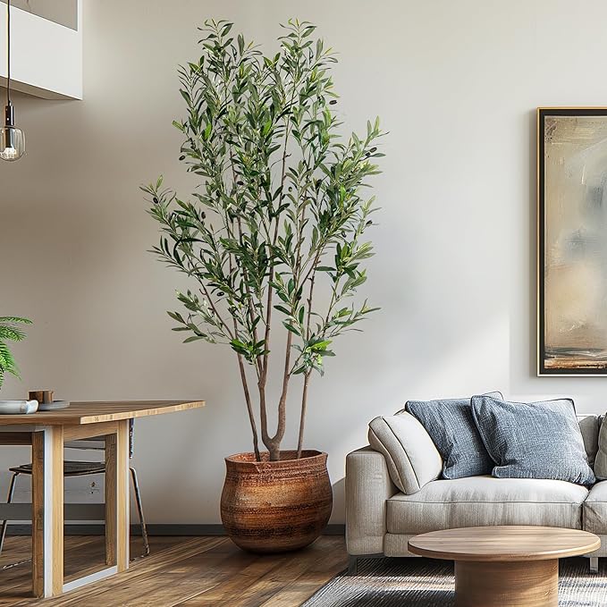 Erimda 7FT Artificial Olive Tree Tall Faux Silk Plant Tall Faux Olive Tree with Natural Wood Trunk & Lifelike Fruits Fake Potted Tree or Home Office Decor