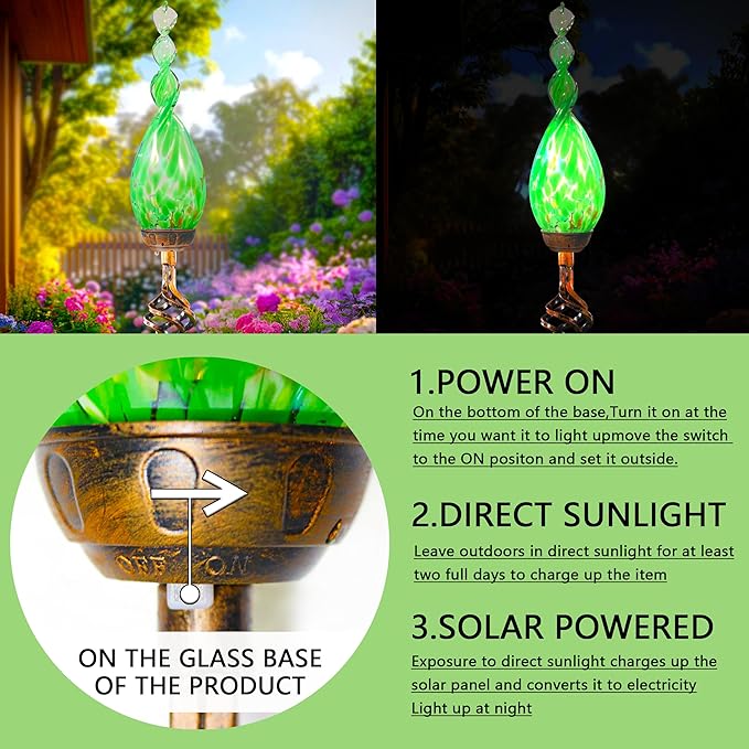 Naboher Solar Garden Lights Outdoor, Decorative LED Flame Garden Stakes, Hand Blown Glass and Outdoor Waterproof Glass Stakes (Green)