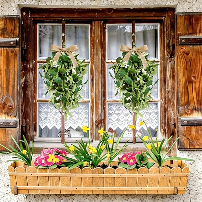 2 PCS 24'' Eucalyptus Wreaths for Front Door Artificial Greenery Teardrop Swags Spring Summer Green Swag Farmhouse Hanging Swags with Berry Ribbon for Wedding Home Outdoor Wall Cabinet Party Decor