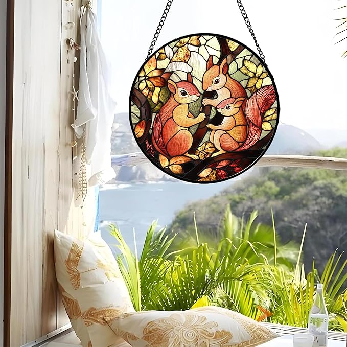 Stained Glass Window Hanging - 3 Cute Squirrels Suncatcher for Doors Garden Patio Sun Catchers Decor Christmas Mother's Day Teenager Birthday Gifts for Women Men Mom Nana Friend 15 in