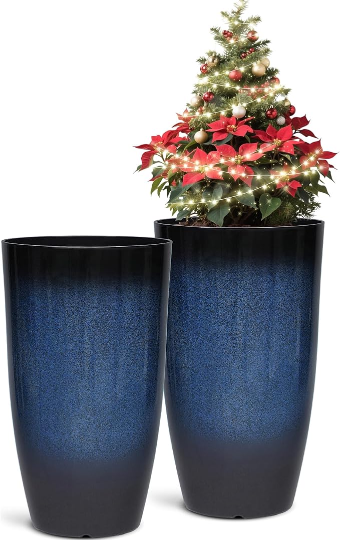 Ultym 23.75" H Large Tall Outdoor Planters, Set of 2 Plastic Large Flower Pots for Outdoor Plants, with Gradient Cobalt Bule Finish, Weather-Resistant for Porch, Garden, Patio or Indoor Use