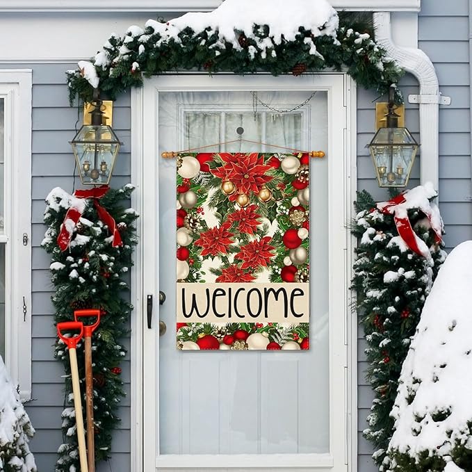 Welcome Christmas Bells Poinsettias Pine Trees Xmas Winter House Flag Large 28X40 Inch Big Vertical Double Sided Yard Outdoor Outside Holiday Decoration