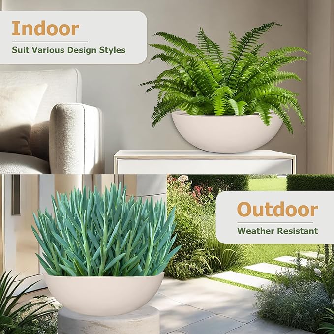 KUTE NEST 7.7" H x 22" D Round Bowl Fiberstone Planter for Succulent and Lotus with Drainage Hole, Smooth Finishes, Weather Resistant, Included 2 Extra Coco Mats (Kilim Beige, 19.9" Pot Opening)