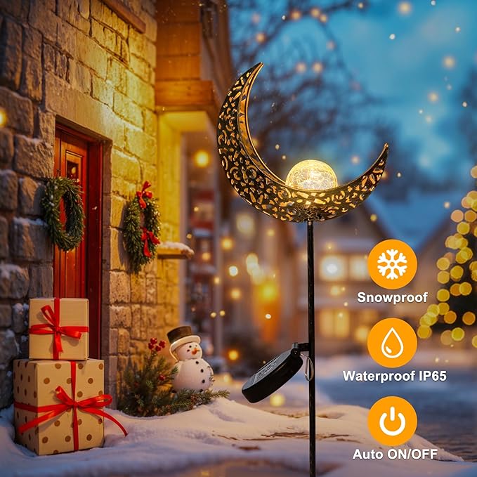 2Pack Moon Garden Solar Lights Outdoor Stakes Waterproof, Gifts for Mom, Crackle Glass Halloween Backyard Decor Balcony Lawn Ornaments, for Women Men Grandma (Bronze)