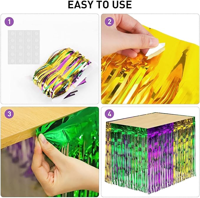 ADXCO 2 Pack Mardi Gras Table Skirts Party Decorations Metallic Foil Fringe Disposable Tinsel Table Skirt Gold Green Purple Banner Garland, 29 x 106 Inches