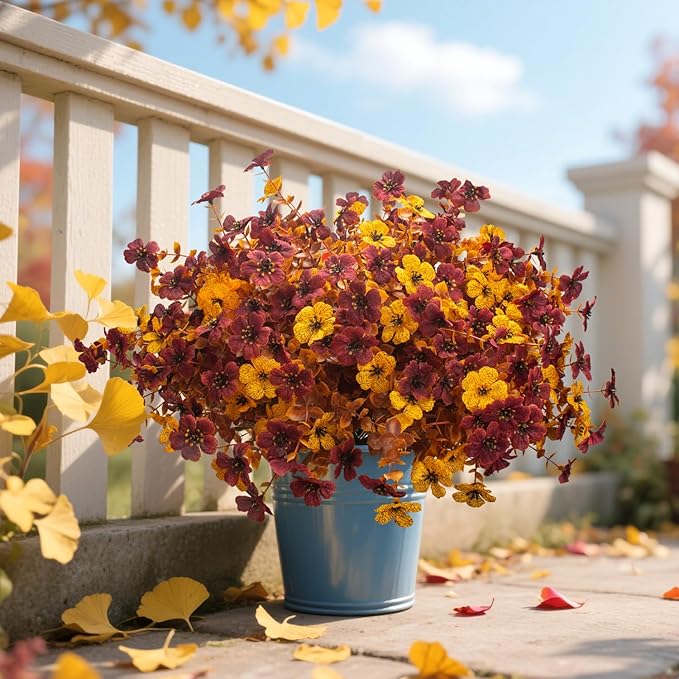 Grunyia 16 Bundles Artificial Fall Mums with Eucalyptus, Faux Daisy UV Resistant Outdoor Decor - Autumn Orange Flowers for Front Door Porch Planter, Patio, Thanksgiving Christmas (Fall Yellow&Red)
