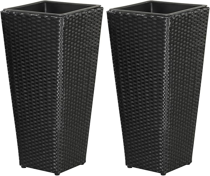 Giantex Tall Planters Set of 2, 24”H Tapered Rattan Planter with Detachable Inner Boxes, Indoor Outdoor Standing Wicker Flower Pots for Front Porch Patio Balcony, Black