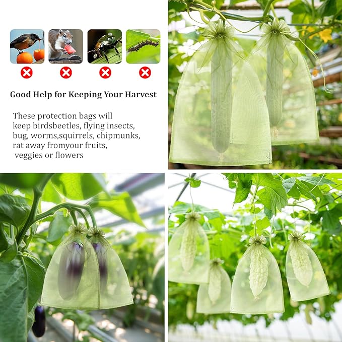 50 PCS 8X12 inches Fruit Protection Bags, Fruit Bags for Fruit Trees, Green Netting Fruit Cover Bags Drawstring Mesh Fruit Protectors Pest Barrier for Fruit Trees Veggies Garden