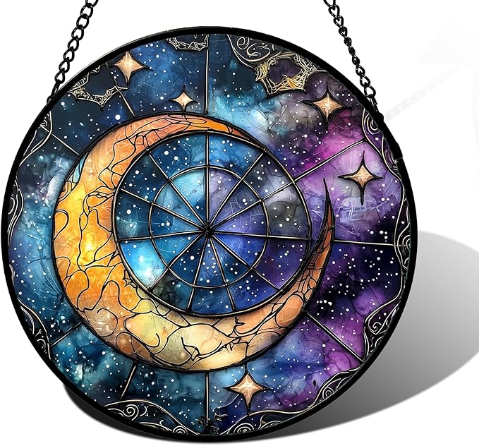 DASTOLL Stained Glass Window Hanging, Blue Starry Sky Moon Astrolabe Suncatcher for Doors Home Sun Catchers Decoration and Christmas, Mother's Day Birthday Gifts for Women, Men, and Mom 11.8x11.8 in