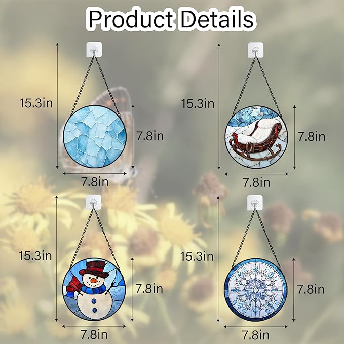 AMDERVEN Stained Glass Window Hanging 4 Pcs Set Blue White Christmas Snowman Snowflake 7.8" - Suncatcher Door Garden Sun Catcher Decor Birthday Mother's Day Xmas Gifts for Mom Woman Nana Men