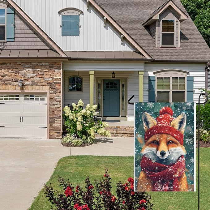 Fox with Red Scarf and Hat Snowflake Christmas Garden Flag, 28x40 Inch Double Sided Linen Holiday Red Winter Farmhouse Yard Outdoor Decoration (4324)