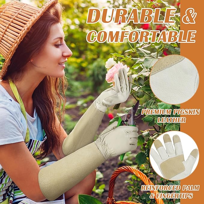 HANDLANDY Rose Pruning Gloves for Men & Women, Long Thorn Proof Gardening Gloves, Breathable Pigskin Leather Gauntlet, Best Garden Gifts & Tools for Gardener (Pack of 2)