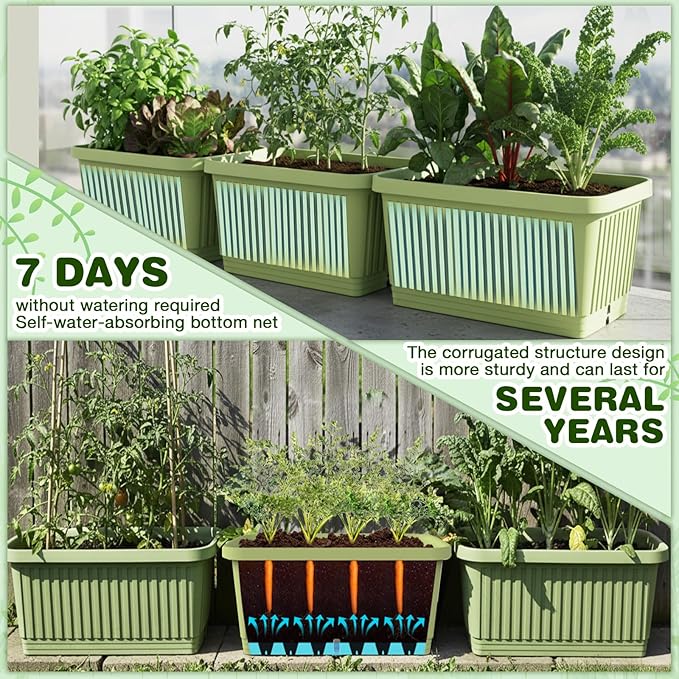 3 Pcs 20 Inches Large Planter Boxes Deep Rectangular Planter Boxes Outdoor Lightweight Plastic Planting Flower Pot with Drainage Holes Plant Pot for Patio, Courtyard, Lawn, Outdoor