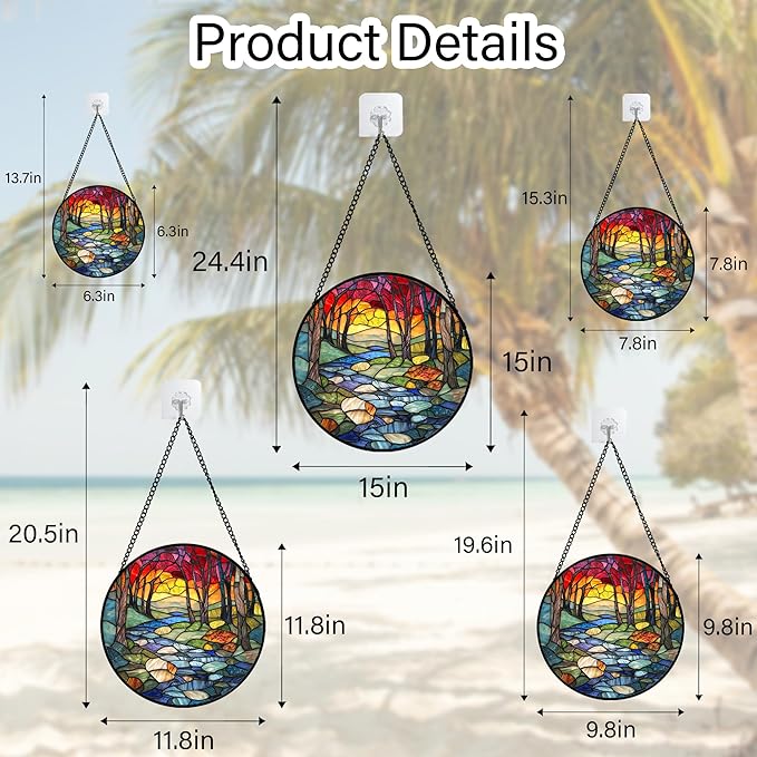 Stained Glass Window Hanging, Red Tree Abstract Sunset Lake Sun Catcher for Window Home Decor Landscape Suncatcher Mother's Day Birthday Gifts for Women Men Mom and Nana 15 in